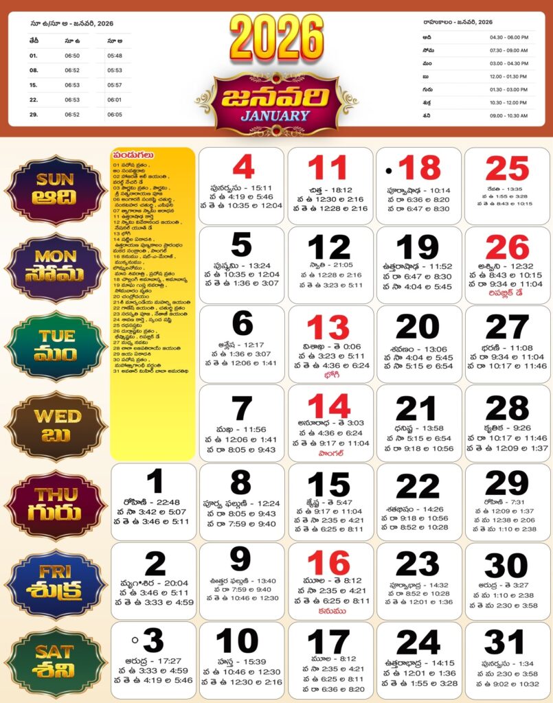 Telugu Calendar January 2026