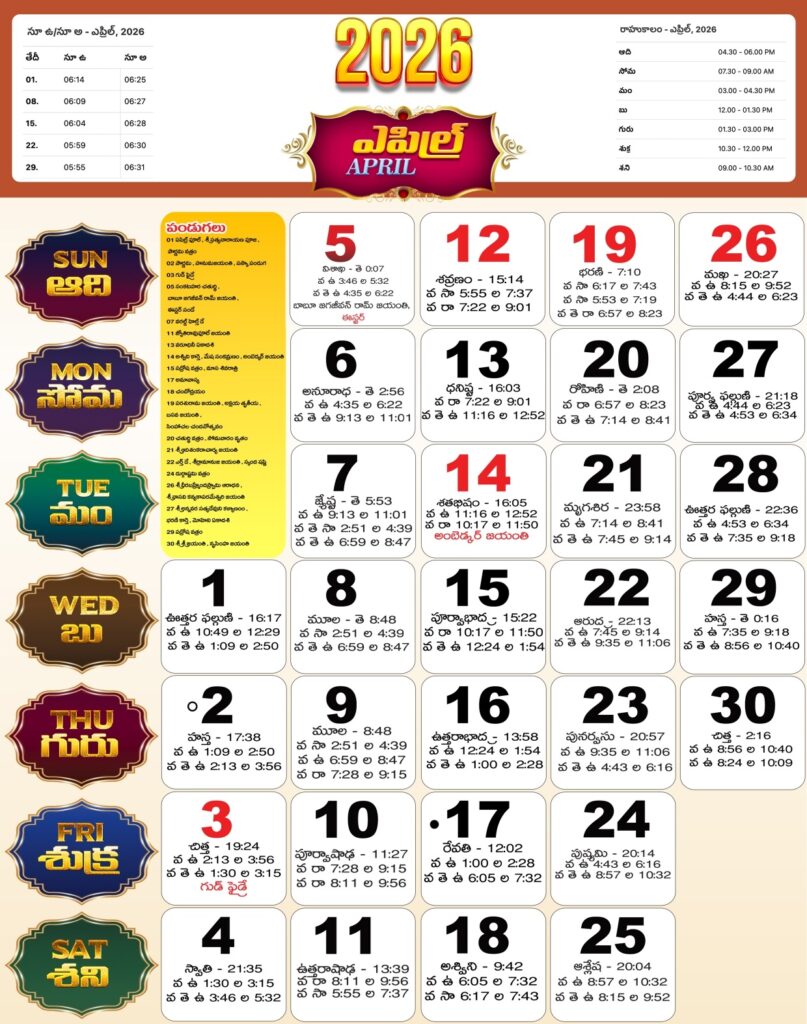 Telugu Calendar April 2026 Telugu Calendar April 2026